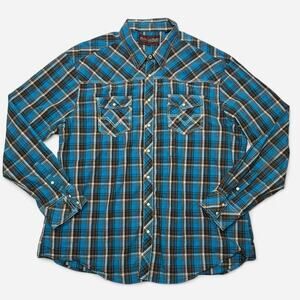 Rock & Roll Cowboy Blue Plaid Snap Button Western Shirt